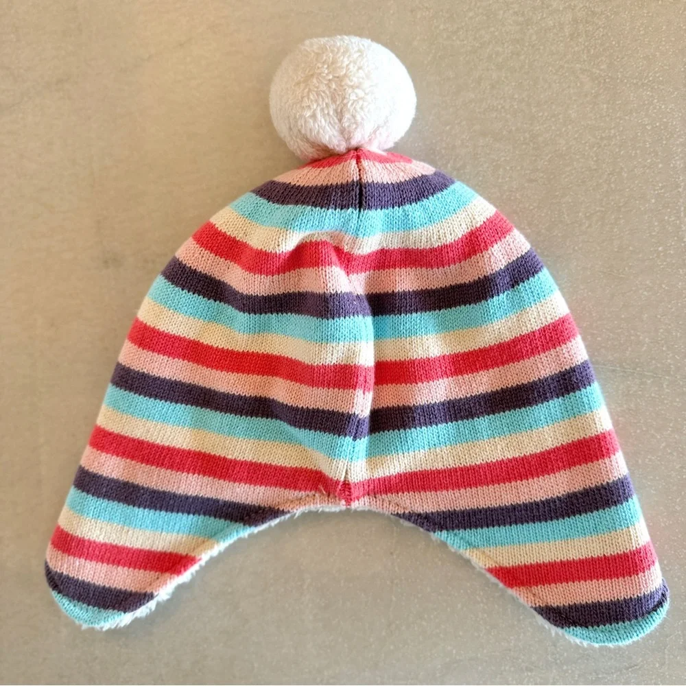 Hanna Andersson Striped Sherpa Lined Winter Pom Hat Beanie | Girls Size S